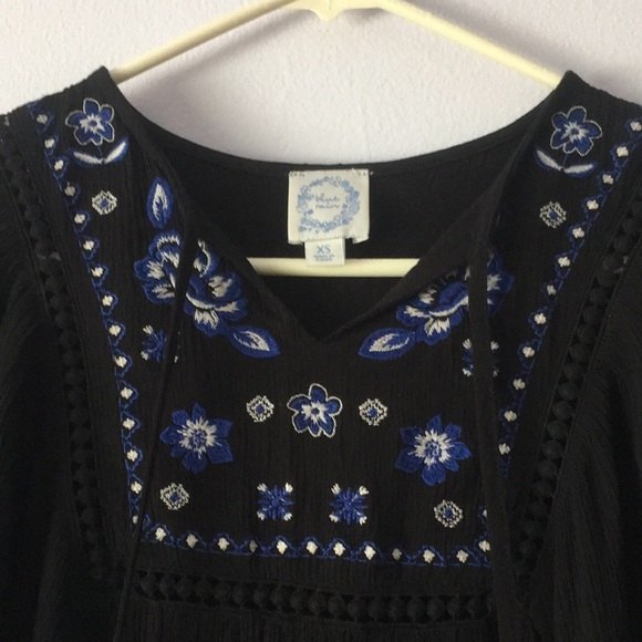Blue Rain Boho Embroidery Embroidered Tassel Tie Neck Peasant Dress - Picture 6 of 11